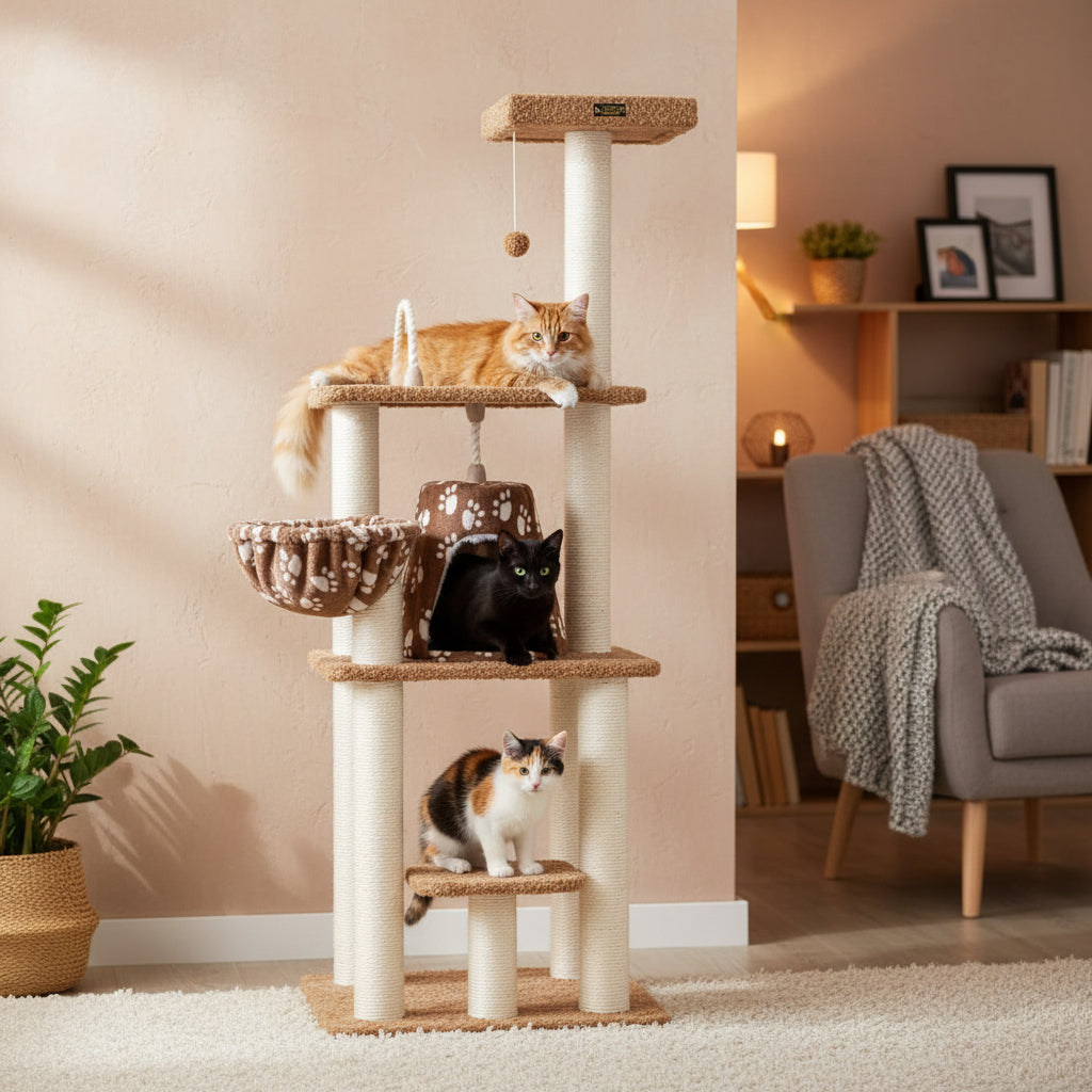 Armarkat Brown Carpet Cat Tower with Playhouse and Scratching Posts