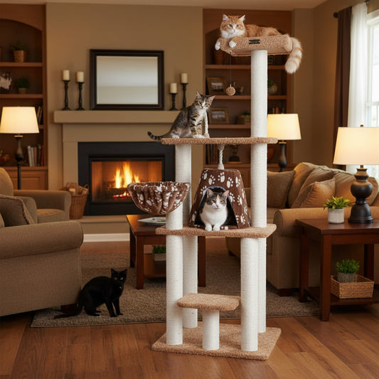Armarkat Brown Carpet Cat Tower with Playhouse and Scratching Posts