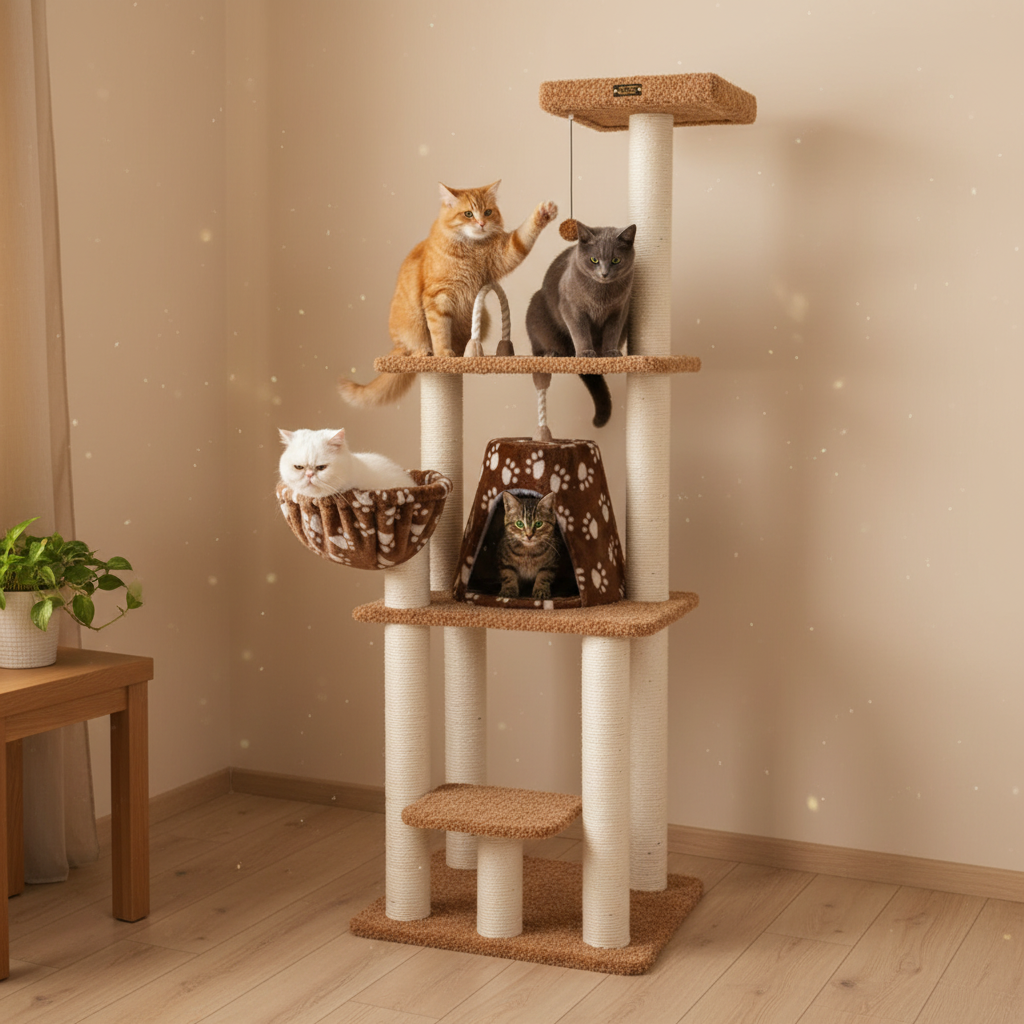 Armarkat Brown Carpet Cat Tower with Playhouse and Scratching Posts